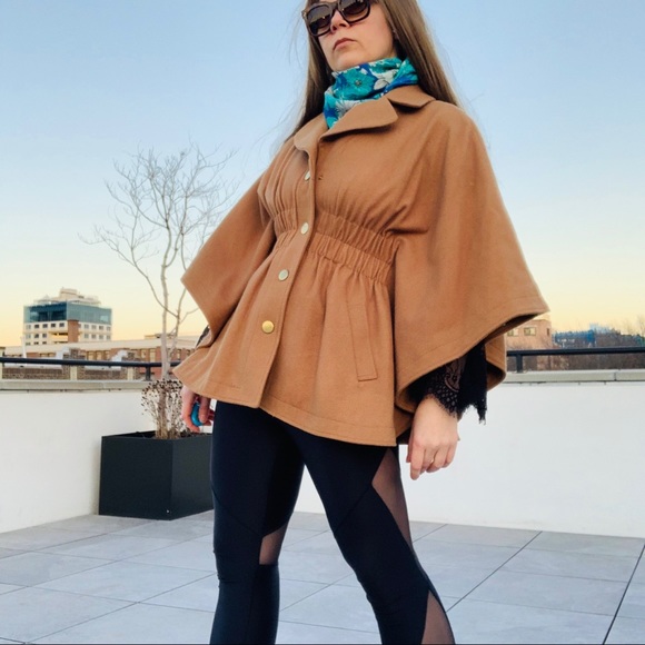 Aqua Jackets & Blazers - Aqua Camel Wool Bat Wing Ruffled Pea Coat Poncho
